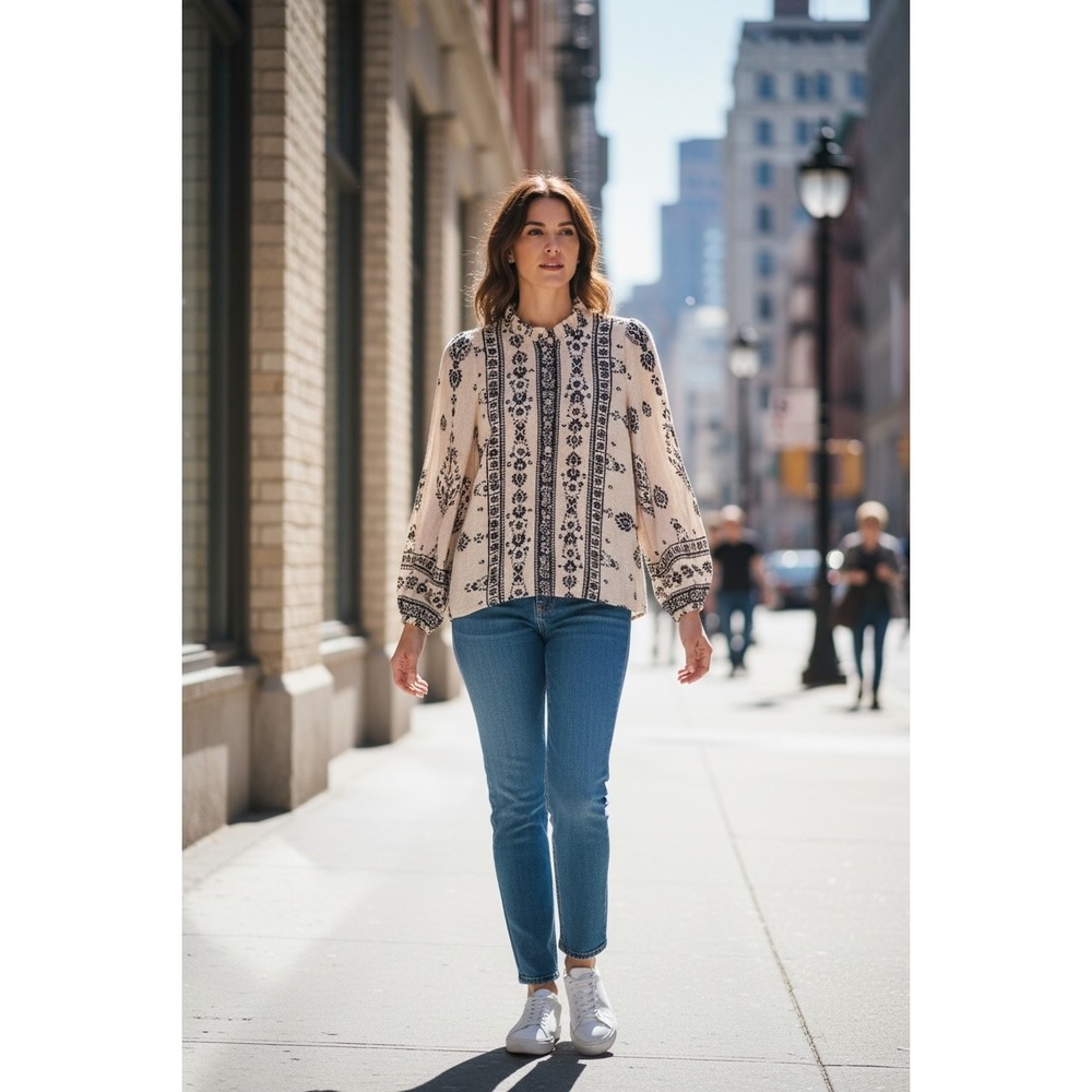 Damask Floral Ruffle Neck Boho Cottagecore Women Blouse‎ S Beige Black